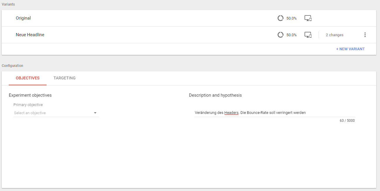 Screenshot: Auslieferung und Ziel für A-B-Test in Google Optimize festlegen